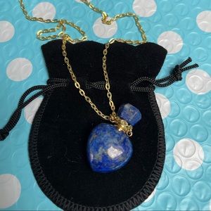 Necklace Heart-shaped Natural Lapis Perfume Bottle Pendant. 11” chain gold tone.